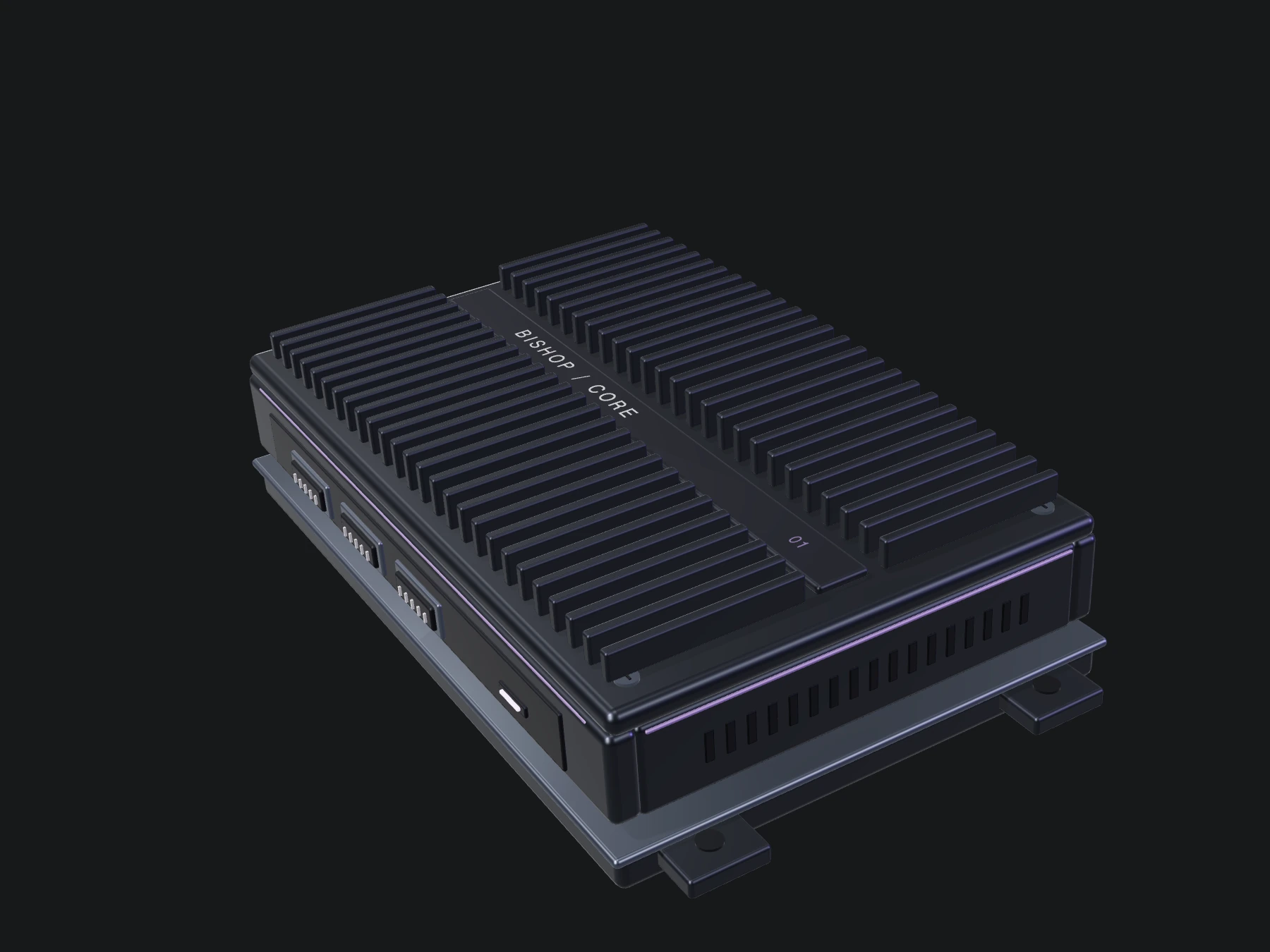 Conceptual Bishop CORE: a graphite layered enclosure with cooling fins and a violet inner structure.