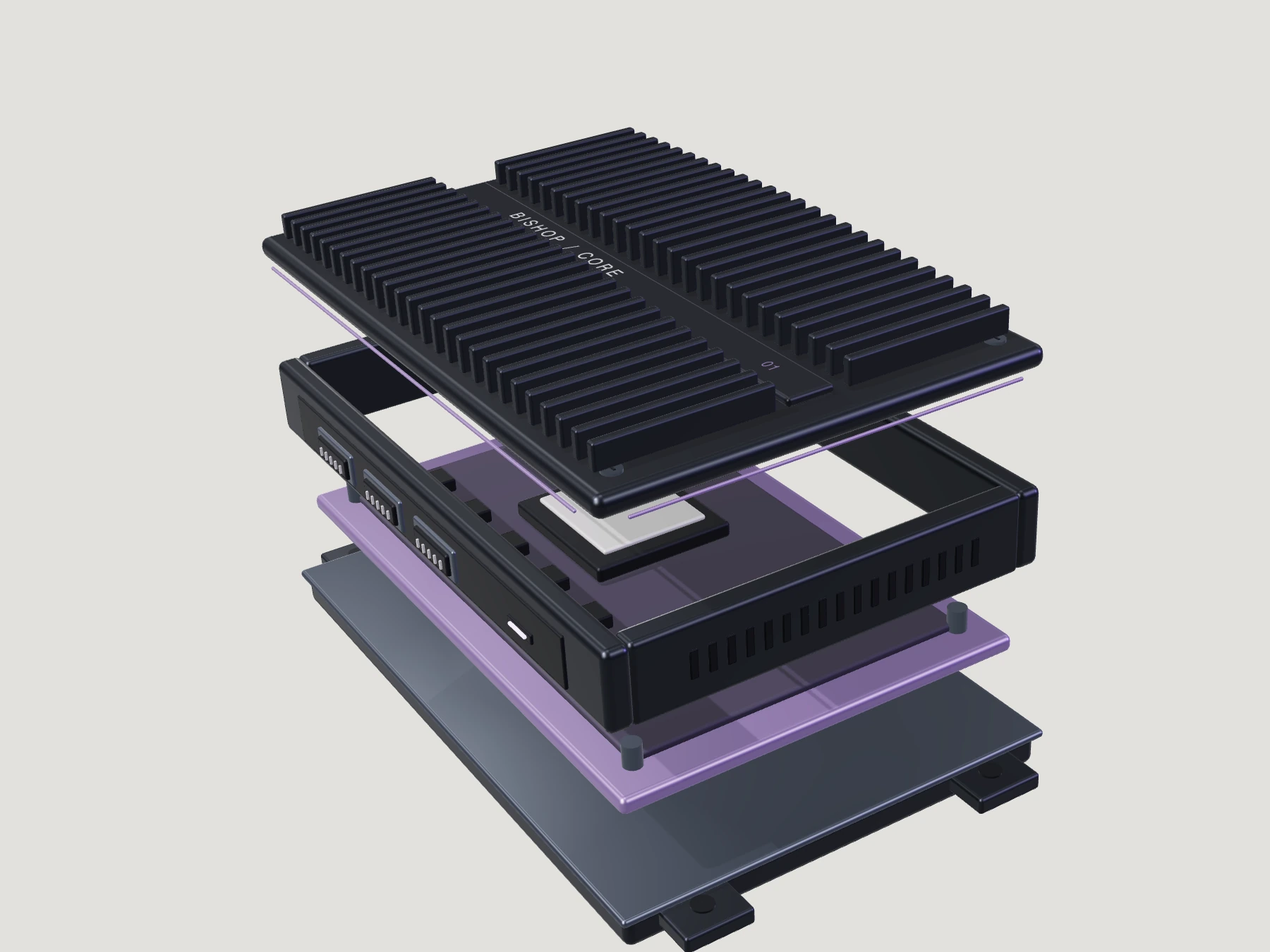 Exploded concept view of Bishop CORE showing a finned enclosure, internal carrier and base, separated to reveal their relationship.